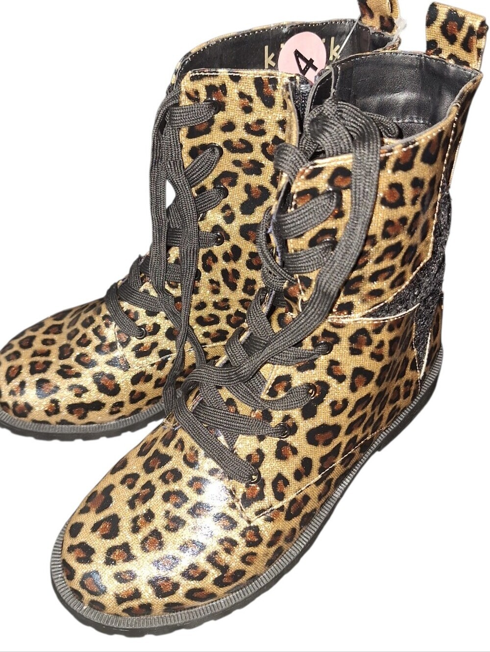 Leopard Print Lace-Up Kid's Boots - Black Laces